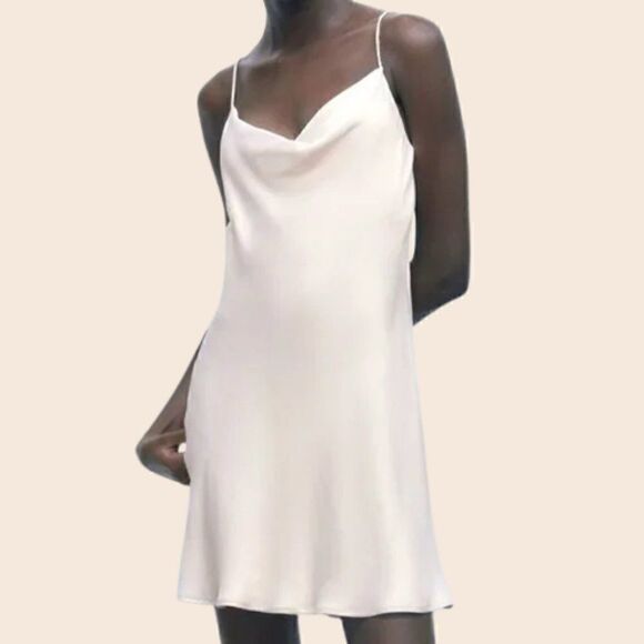 Zara Cream Satin Cowl Neck Mini Slip Dress with Rhinestone Strap Size M - Picture 1 of 12